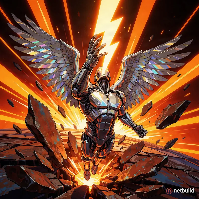 Extreme low-angle perspective of a muscular cyborg with shimmering metallic wings ascending to grasp a brilliant golden lightning bolt. Floating shard...