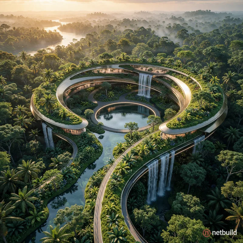 High-angle aerial view of a futuristic ring-shaped architectural masterpiece seamlessly integrated into a dense tropical rainforest at sunset. The str...