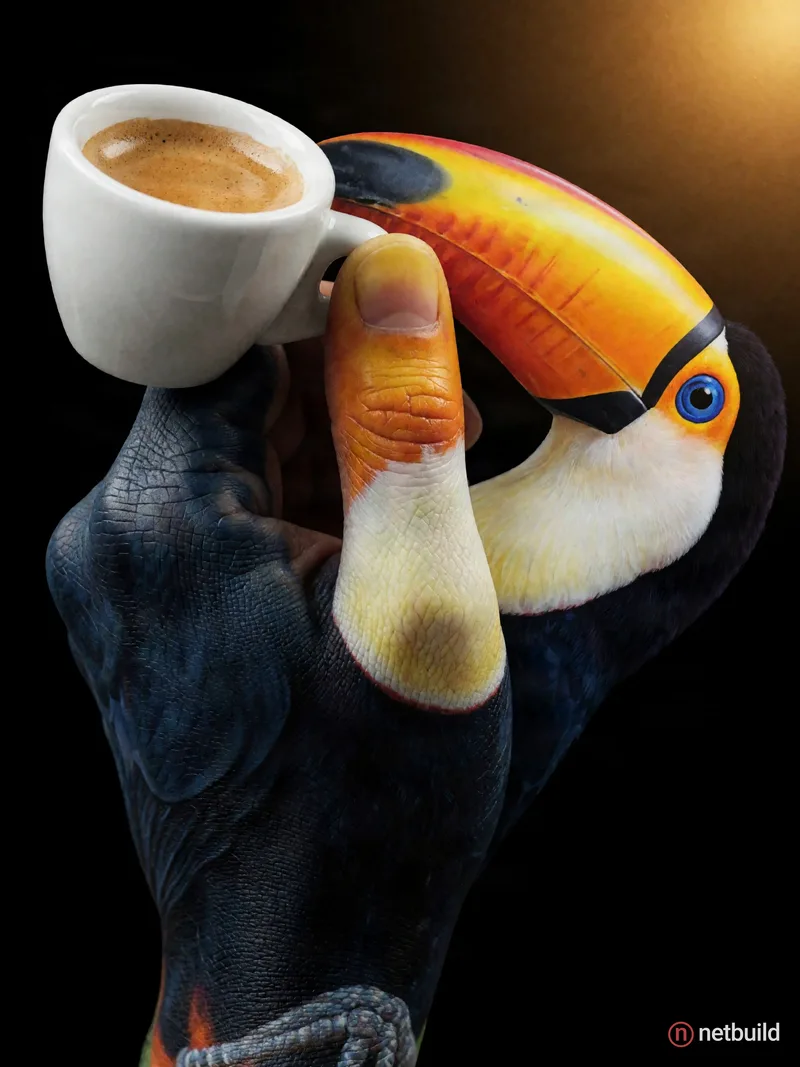 Hyper-realistic trompe l'oeil body art of a human hand transformed into a vibrant toucan in profile, grasping a white espresso cup. Curved fingers and...