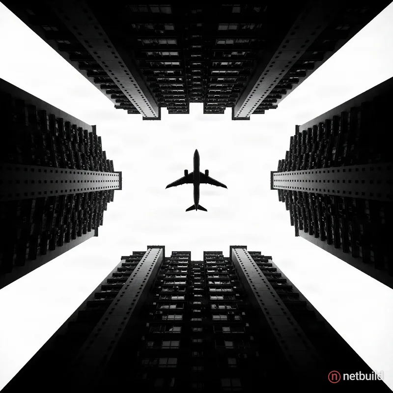 Stark black and white low-angle photograph looking straight up at a perfectly centered silhouetted airplane within a cross-shaped slice of brilliant w...