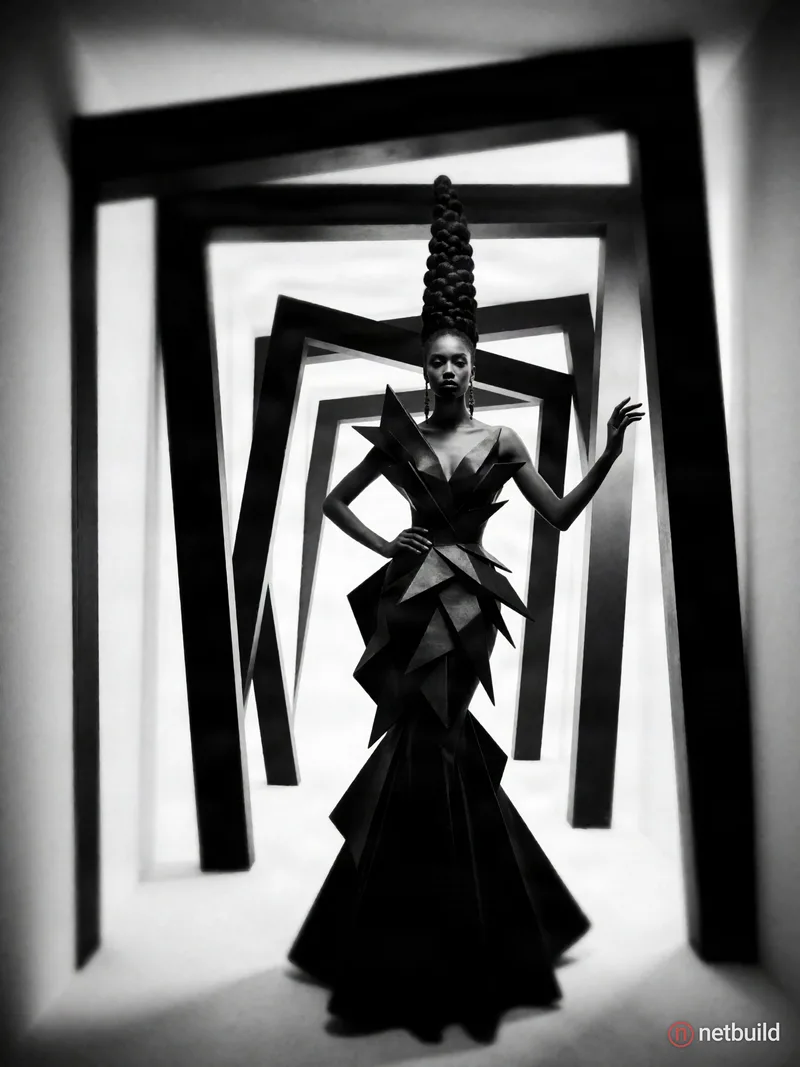 Monochromatic surrealist photography of a tall, imposing woman in a disorienting architectural tunnel. She features towering sculpted braided hair and...