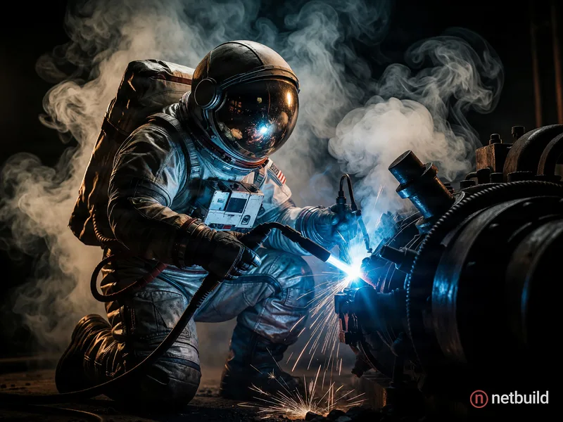 Cinematic full shot of an astronaut in a bulky, weathered spacesuit kneeling amidst thick, swirling smoke. The mirrored visor reflects a chaotic indus...