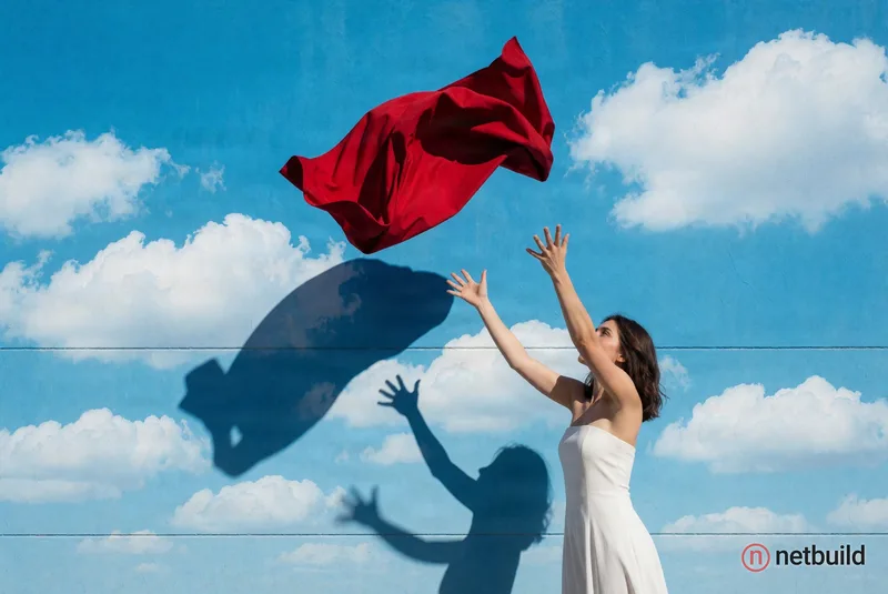 A minimalist conceptual photograph of a woman in a strapless white dress tossing a vibrant, crumpled crimson fabric upward against a flat wall painted...